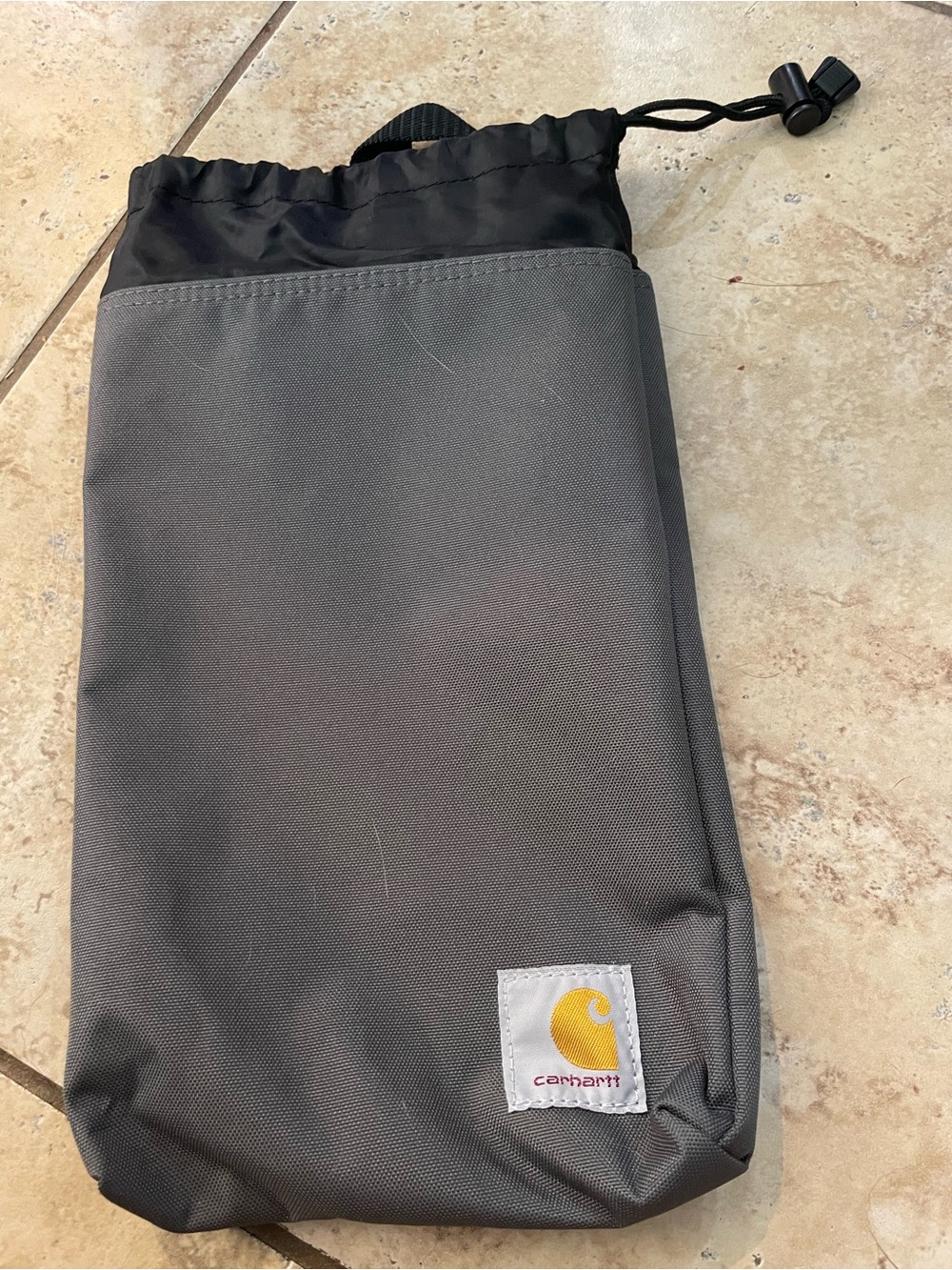 Carhartt Gray and Black Drawstring Travel Bag with Logo Patch, 13” x 6”